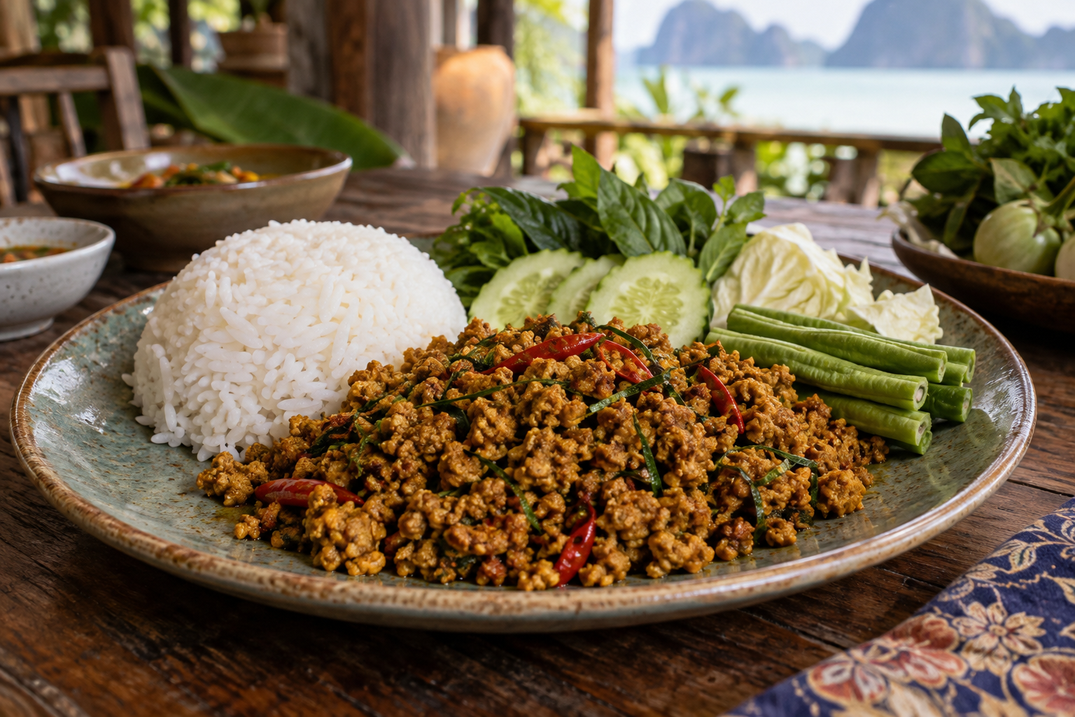 生野菜とご飯を添えたタイ南部の激辛ドライカレー、クアクリン