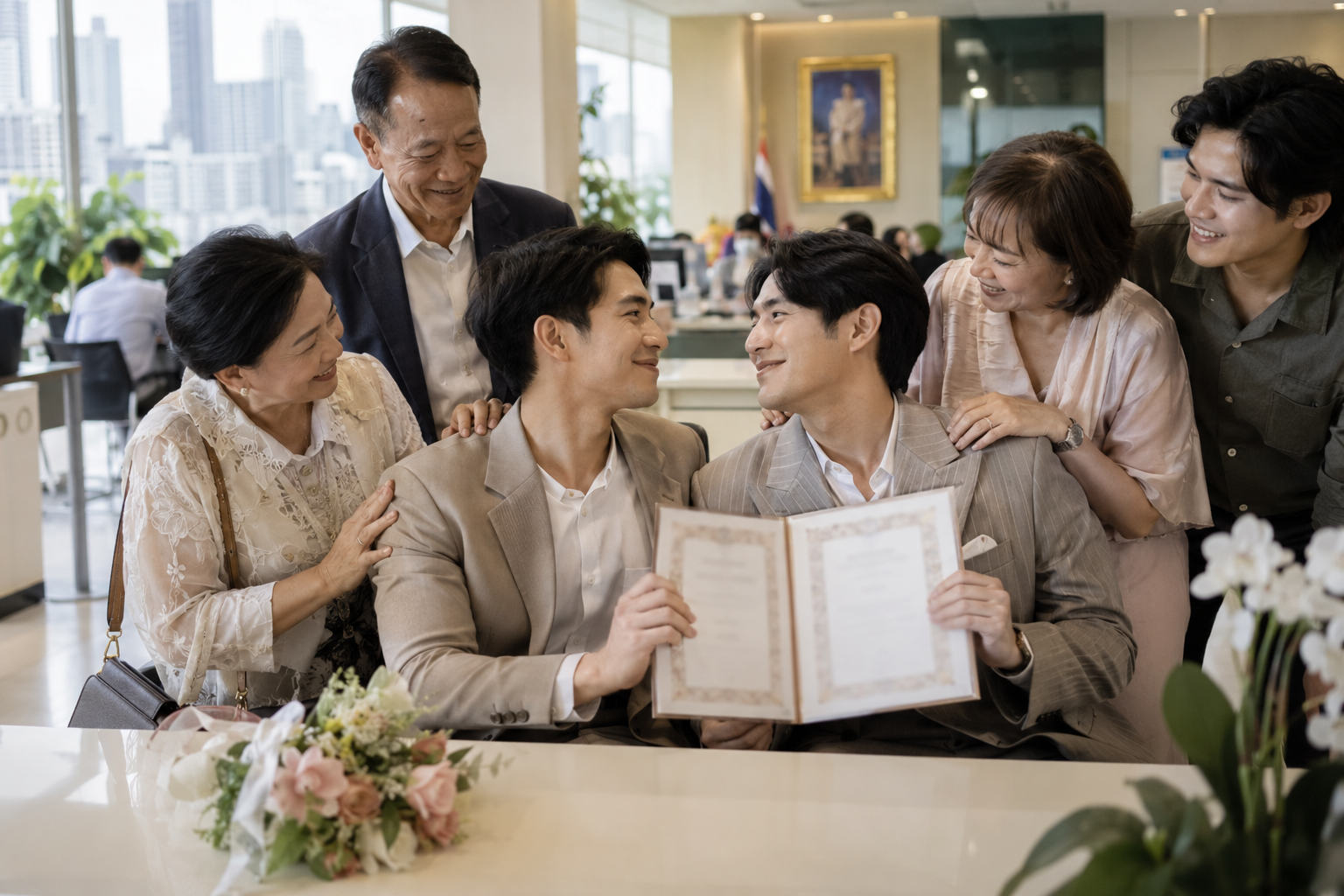 バンコクの婚姻登録窓口で結婚を喜ぶ同性カップルと家族