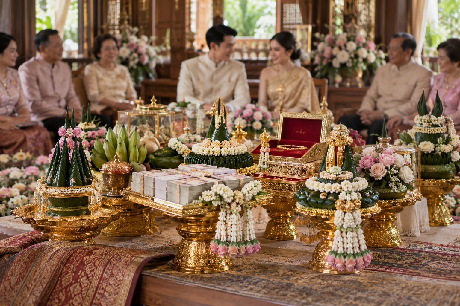 タイの伝統的な結婚式で家族の前に並べられたシンソットと婚約品