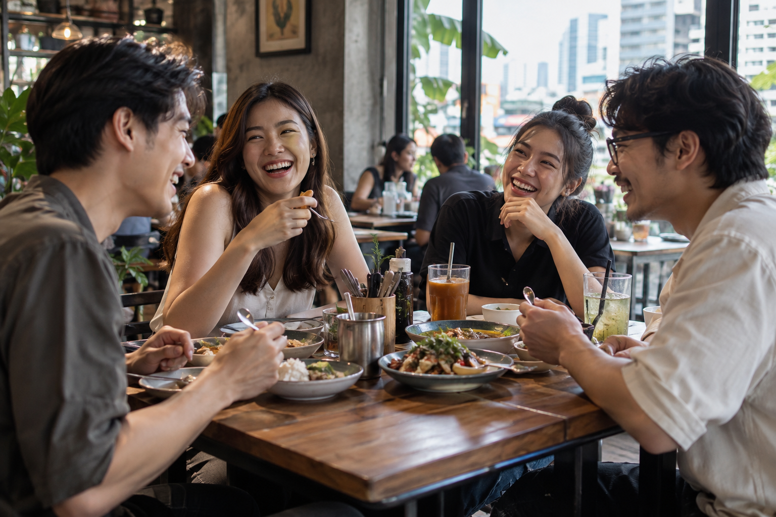 ランチを囲み笑いながら会話するタイ人の若い友人・同僚グループ
