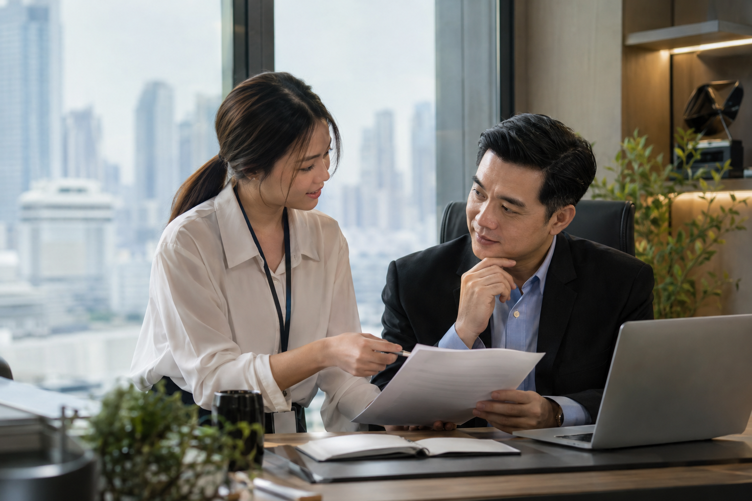年上の同僚へ丁寧に相談するバンコクの若い会社員