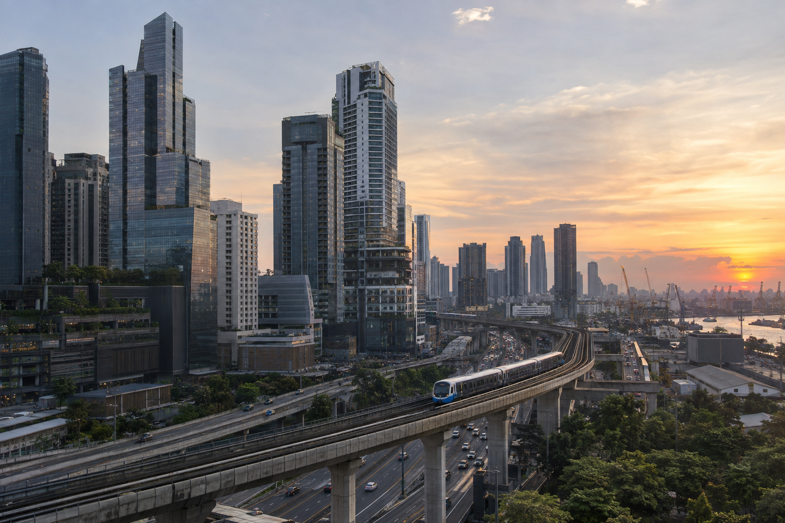 高層ビルや都市交通、産業インフラが広がる現代的なタイの都市風景