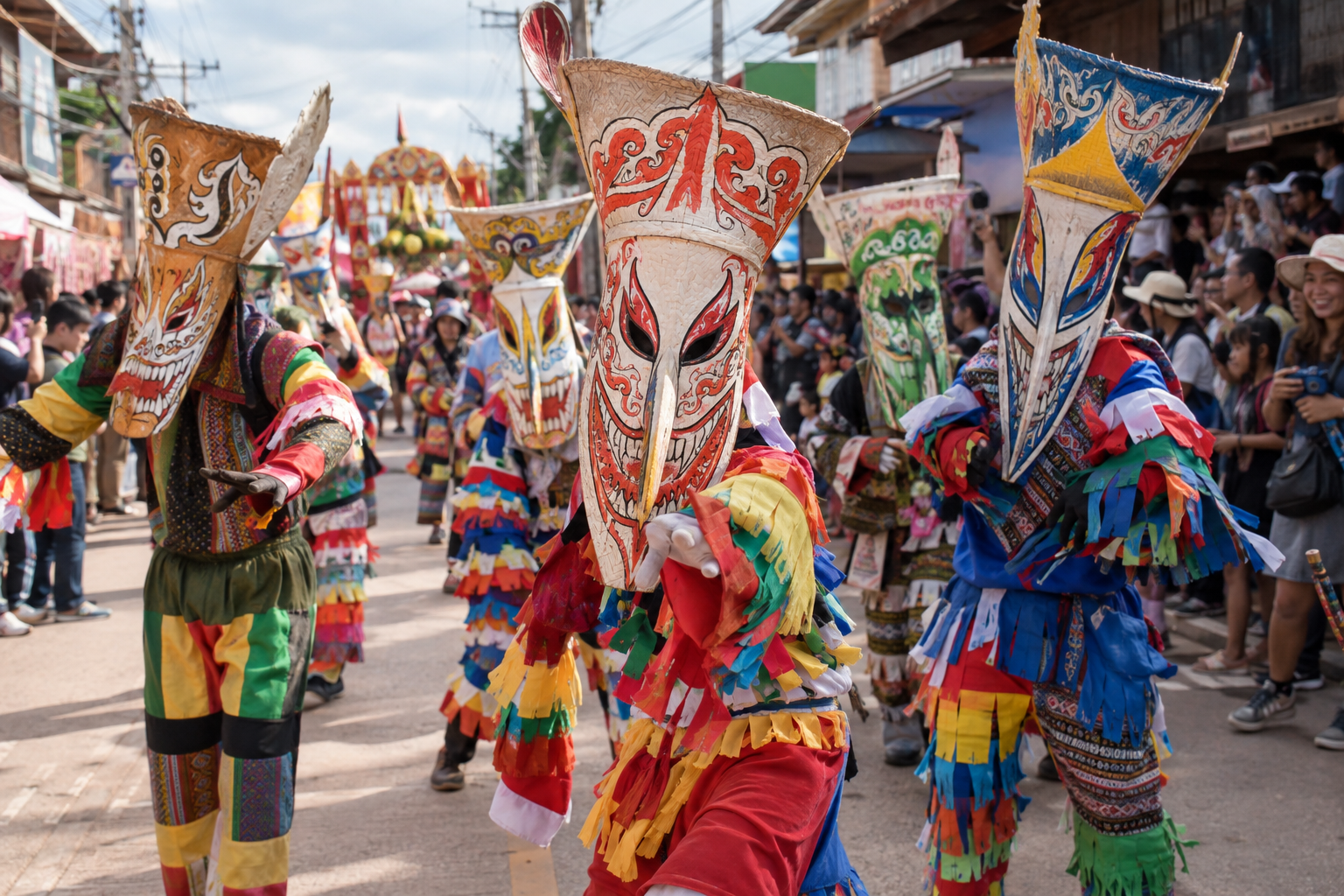 カラフルな仮面と衣装で町を練り歩くルーイ県ダンサーイのピーターコン祭り