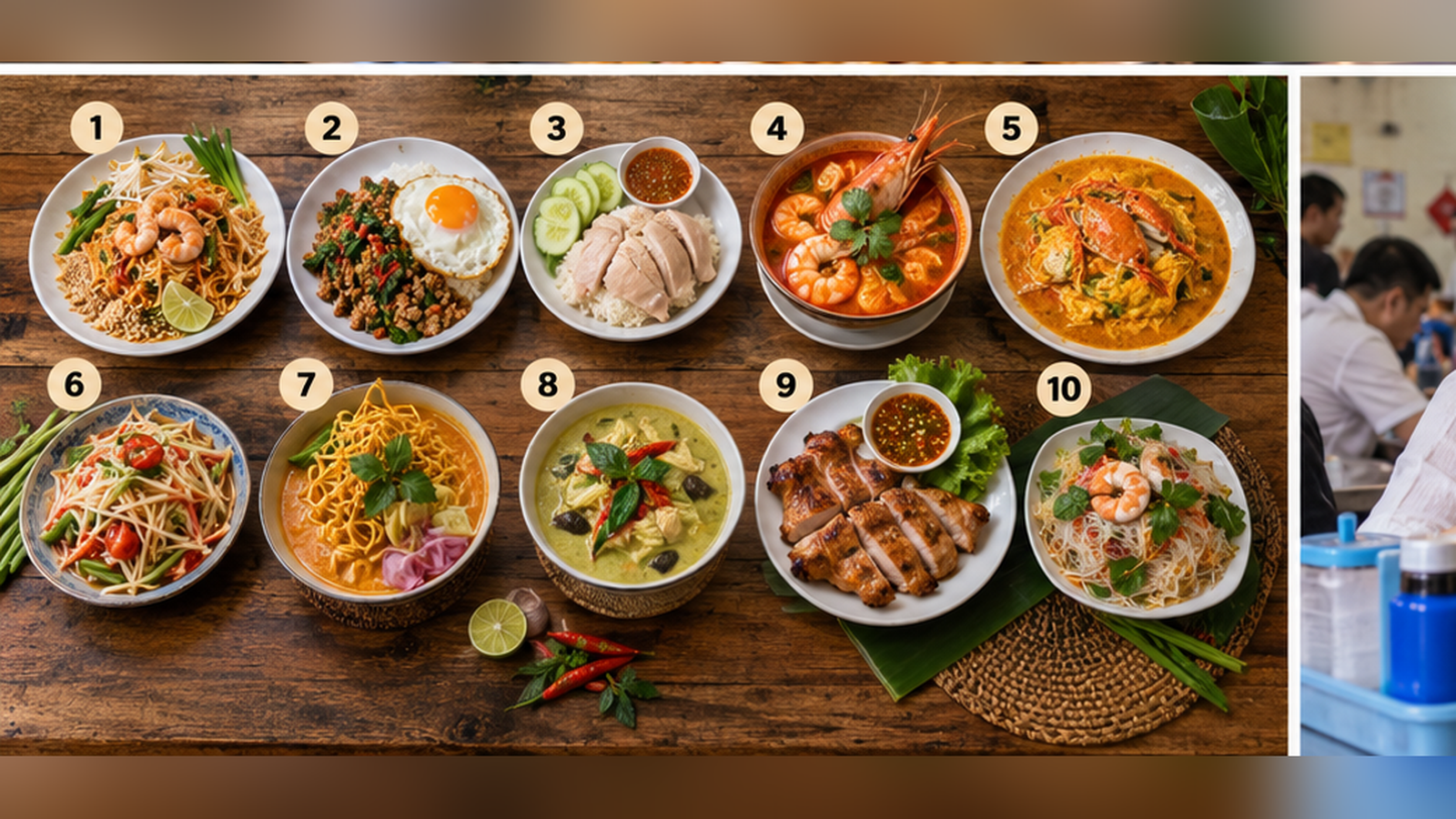 日本人に人気のタイ料理1位から10位を数字付きで一枚の食卓に並べた写真