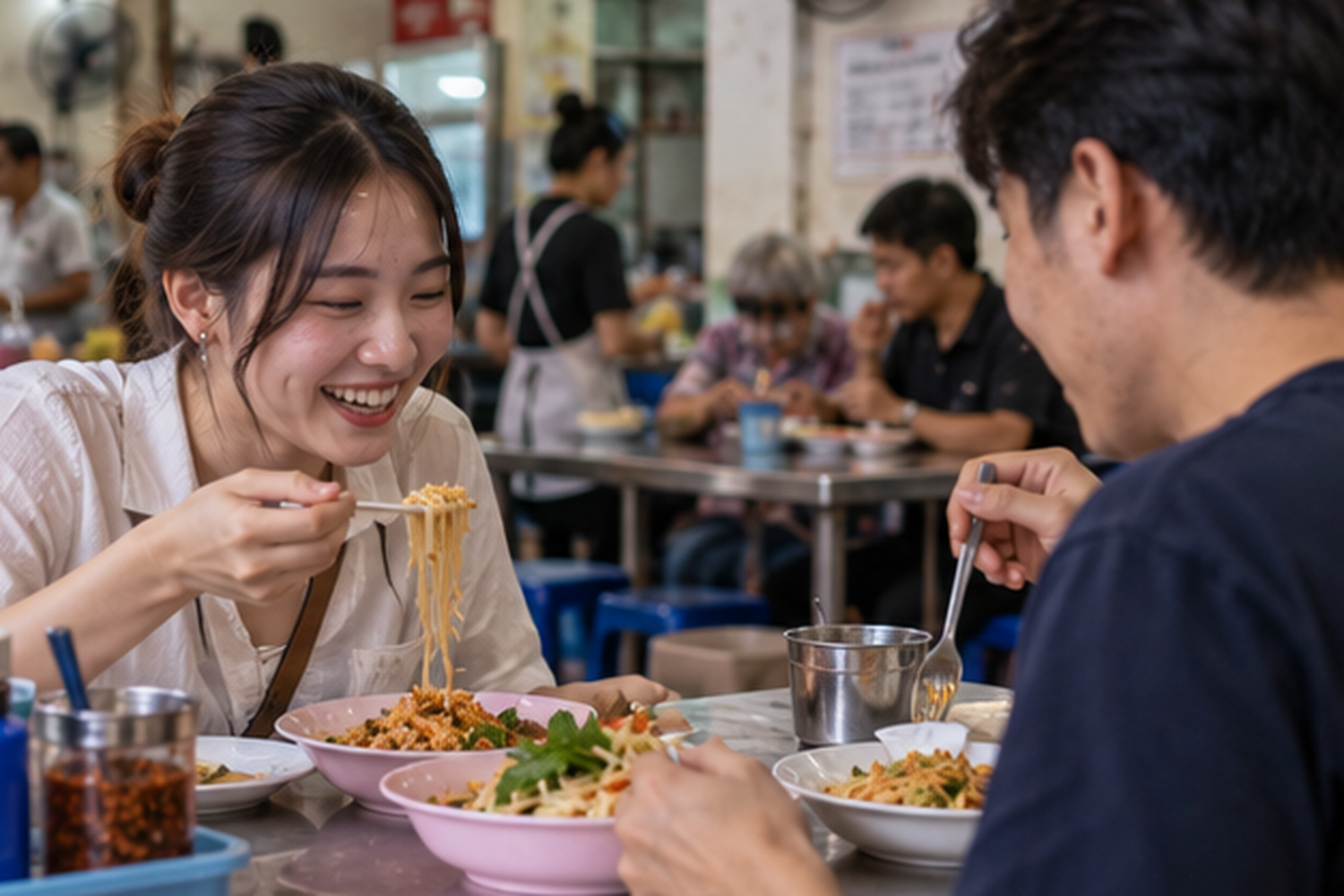 バンコクのカオゲーン食堂で昼食のおかずを選ぶ会社員