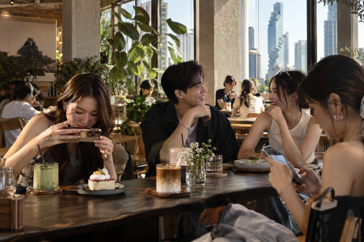 バンコクの現代的なカフェで過ごすタイの若者たち