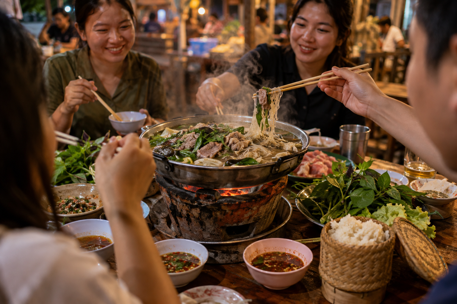ハーブの香るジェオホーン鍋を友人と囲むコンケンのイサーン料理店