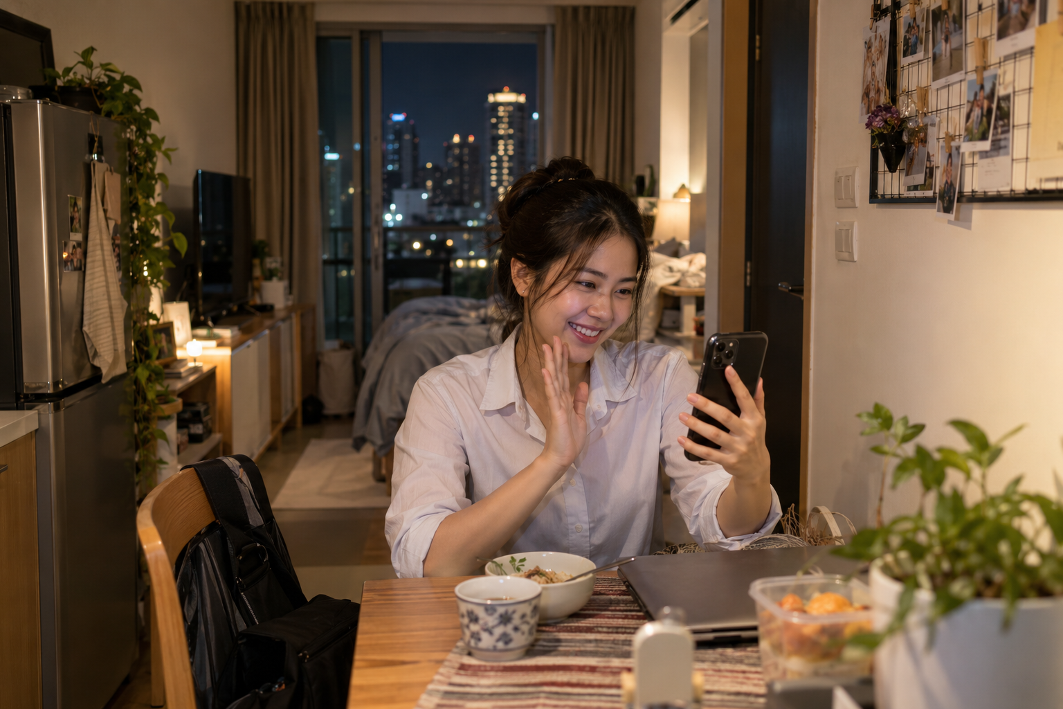 バンコクのコンドから地方の両親とビデオ通話するタイ人会社員