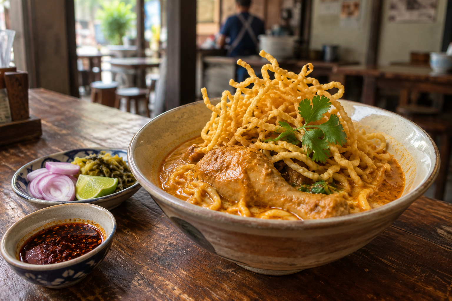 揚げ麺、鶏肉、ライム、漬け菜を添えたチェンマイのカオソーイ
